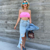 Asymmetric Distressed Hem High Rise Midi Denim Skirt - Blue